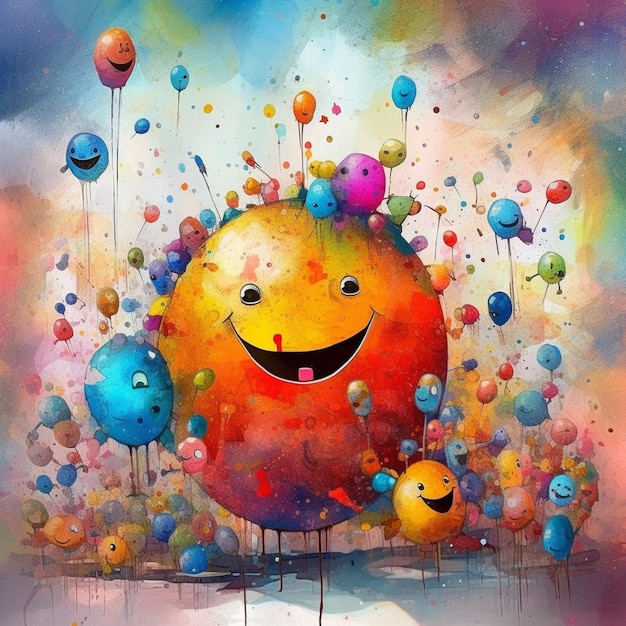 Foto gemälde eines smileys, umgeben von luftballons und einer regenbogengenerativen ki