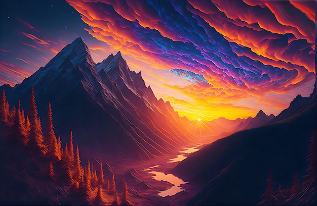 Gemälde eines Sonnenuntergangs Ästhetischer Berg mit Palmenlandschaft und Tapete