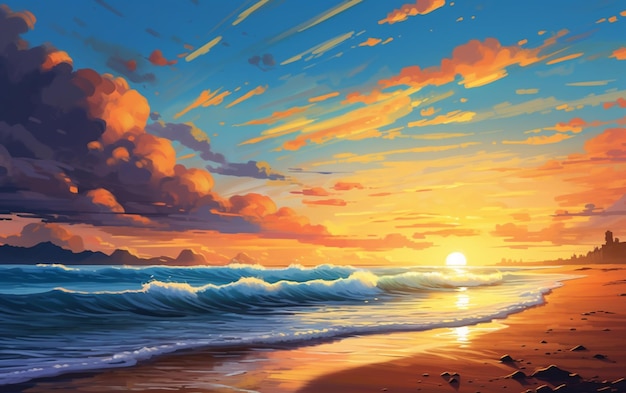 Gemälde eines Sonnenuntergangs über dem Meer mit einem Strand und einem Leuchtturm mit generativer KI