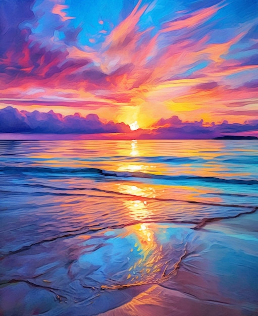 Gemälde eines Sonnenuntergangs über dem Meer mit einer Welle in generativer KI