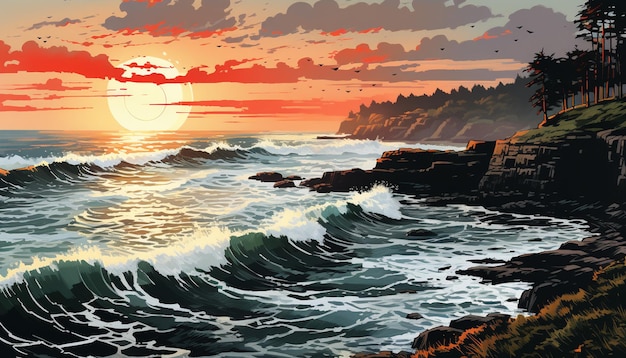 Gemälde eines Sonnenuntergangs über dem Meer mit Wellen, die generative KI krachen