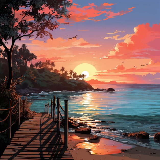 Gemälde eines Sonnenuntergangs über dem Ozean mit einem hölzernen Gehweg generative ai
