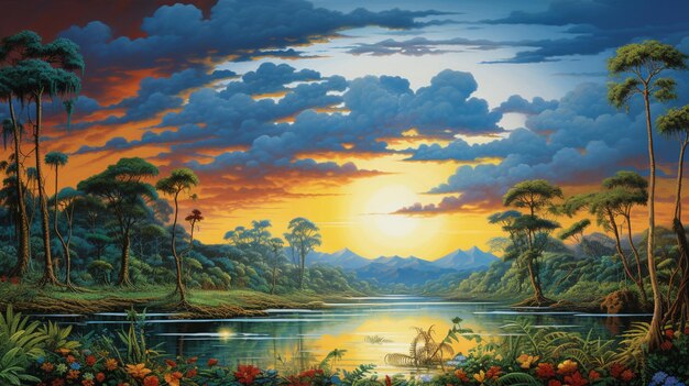 Gemälde eines Sonnenuntergangs über einem tropischen Fluss mit einem Boot