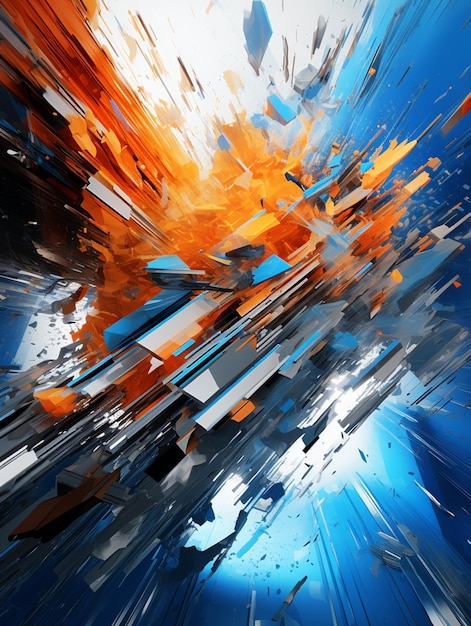 Gemälde eines Strahlflugzeugs, das durch einen blauen Himmel fliegt, mit orangefarbener und weißer generativer Ai