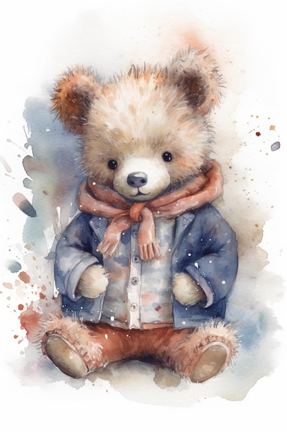 Gemälde eines Teddybären, der eine Jacke und einen Schal trägt generative KI