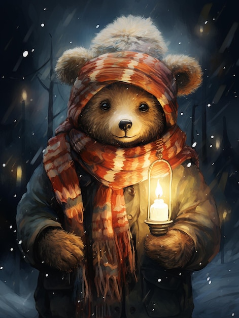 Gemälde eines Teddybären mit einer Laterne in einem verschneiten Wald.