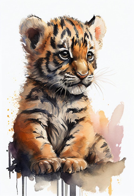 Gemälde eines Tigerkätzchens, das auf weißem Hintergrund sitzt, generative KI