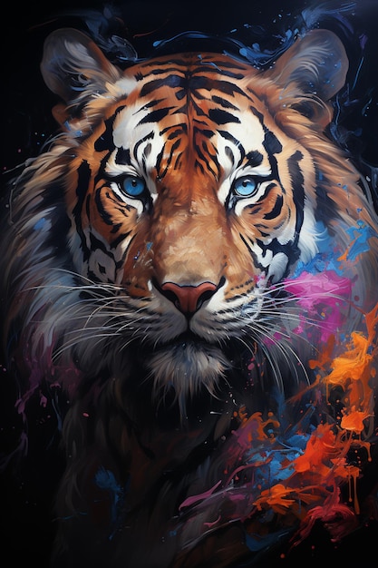 Gemälde eines Tigers mit blauem Auge und schwarzem Hintergrund, generative KI