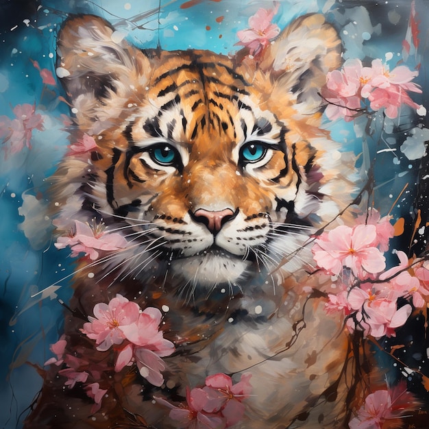 Foto gemälde eines tigers mit blauen augen und blumen im vordergrund generative ki