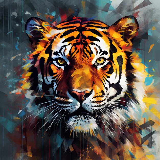 Gemälde eines Tigers mit buntem Gesicht auf schwarzem Hintergrund, generative KI