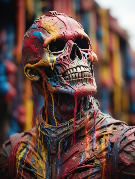 Gemälde eines toten Körpers, in vielen Farben auf das Skelett gemalt
