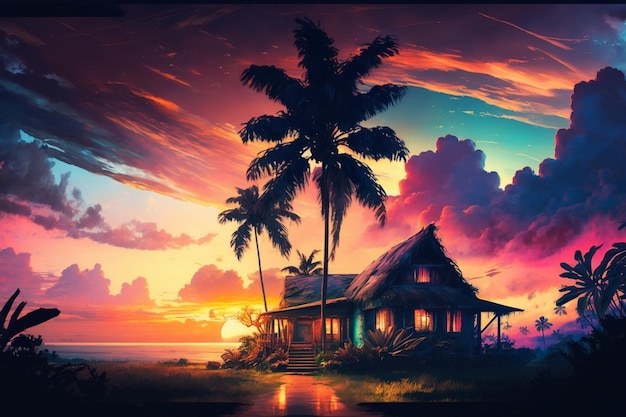 Gemälde eines tropischen Hauses auf einer Insel mit generativen Palmen