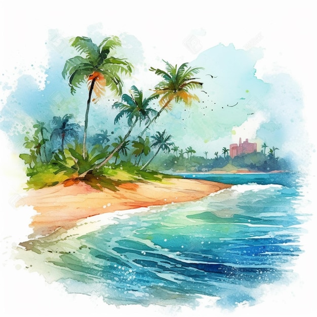 Gemälde eines tropischen Strandes mit Palmen und einem Leuchtturm