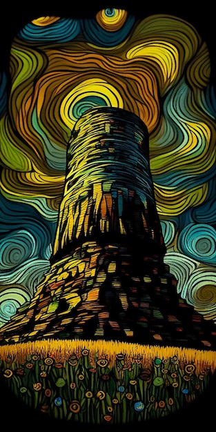 Gemälde eines Turmgebäudes mit Himmelshintergrund, generative KI