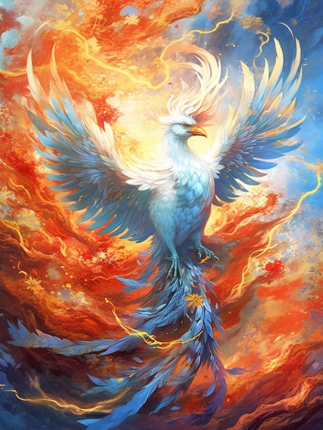 Gemälde eines Vogels, der im Himmel fliegt, mit einem leuchtend orangefarbenen und blauen Hintergrund