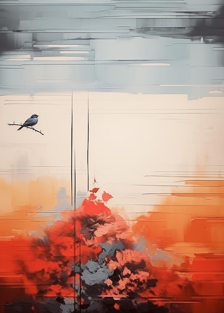 Gemälde eines Vogels, der über einen Baum fliegt, mit generativer KI eines roten Himmels