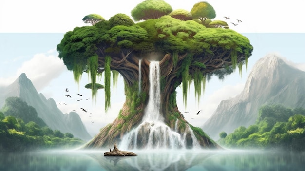 Gemälde eines Wasserfalls und eines Baumes mit einem Wasserfall in der Mitte generative KI