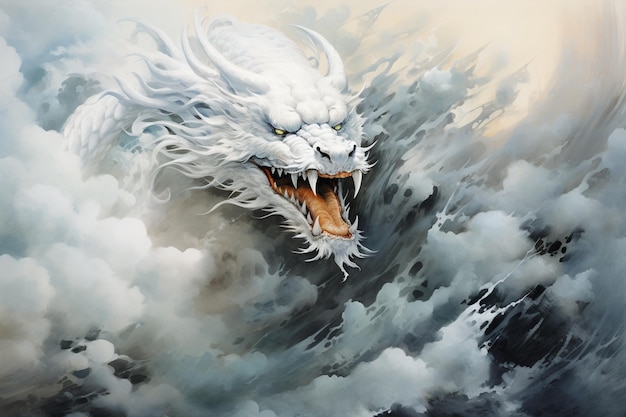Gemälde eines weißen Drachen mit scharfen Zähnen in einem wolkenfüllten Himmel generative ai