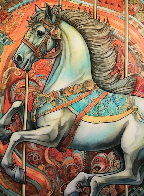 Gemälde eines weißen Pferdes mit blauer Mähne und rotem und orangefarbenem Hintergrund generativ ai