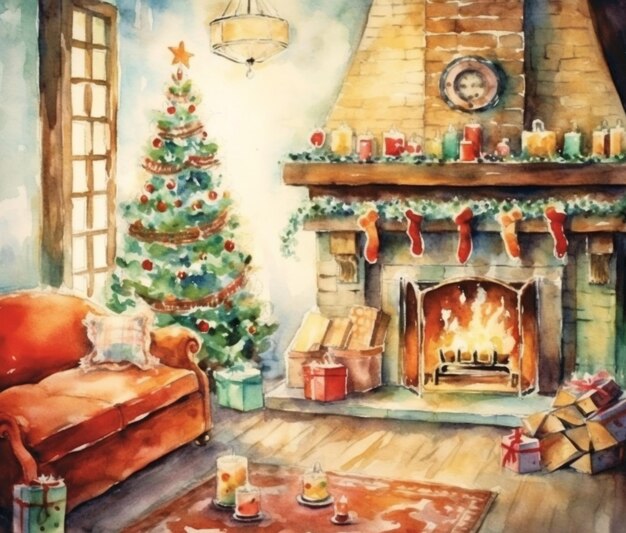 Gemälde eines Wohnzimmers mit Kamin und Weihnachtsbaum generative KI
