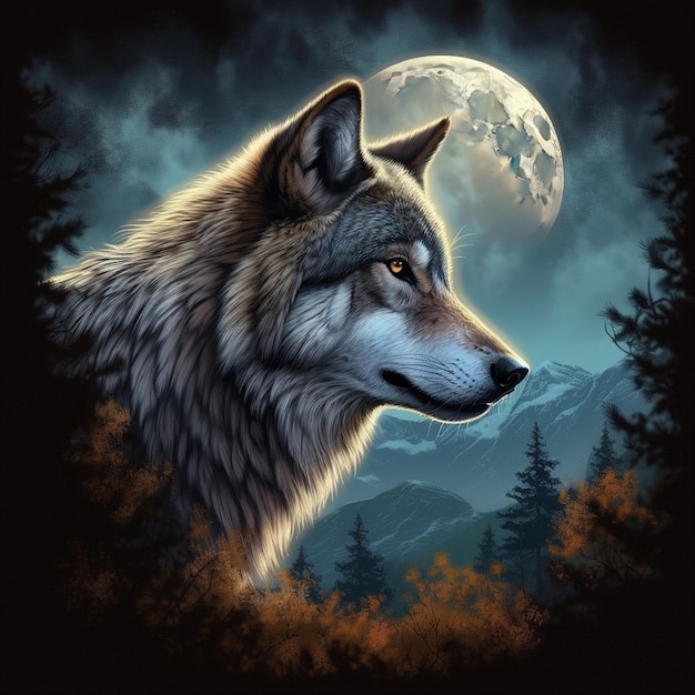 Gemälde eines Wolfes im Wald mit Vollmond im Hintergrund, generative KI