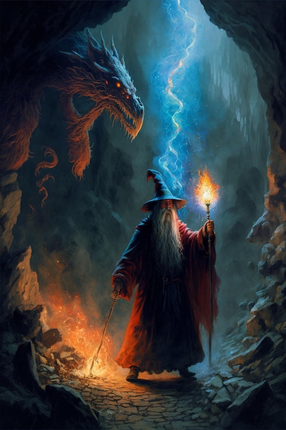 Gemälde eines Zauberers und eines Drachen in einer generativen Höhle