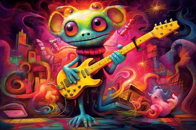 Gemälde eines Zeichentrickfrogs, der in einer bunten Stadt Gitarre spielt