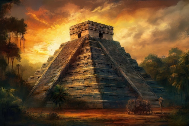 Gemälde nach einer Zeichnung von CHICHEN ITZA in Mexiko bei Sonnenuntergang