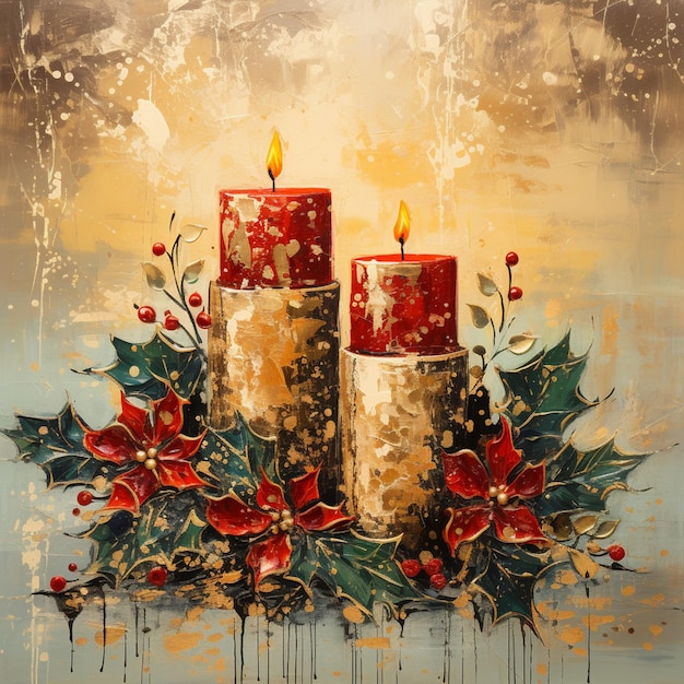 Gemälde von drei brennenden Kerzen, umgeben von Stechpalmenblättern und roten Beeren