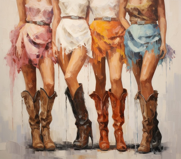 Gemälde von drei Frauen in kurzen Röcken und Cowboystiefeln generative ai