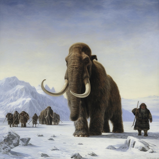 Gemälde von einer Gruppe von Männern, die durch ein verschneites Feld gehen, mit einem Mammut, der generativ Ai