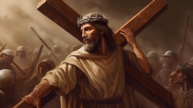 Gemälde von Jesus Christus, der ein schweres Holzkreuz zum Kalvarienberg trägt Guten Freitag Heilige Ostern Kunstgemälde Glückliches Ostern Christliches Symbol des Glaubens