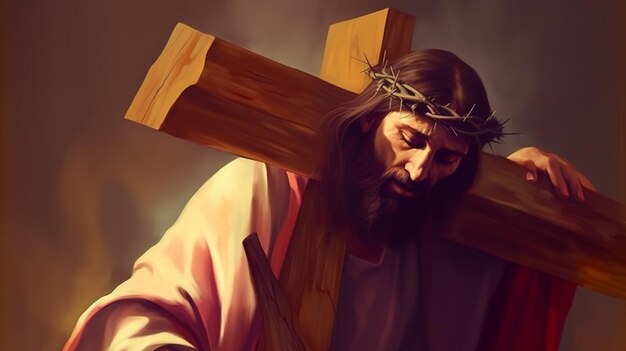 Gemälde von Jesus Christus, der ein schweres Holzkreuz zum Kalvarienberg trägt Guten Freitag Heilige Ostern Kunstgemälde Glückliches Ostern Christliches Symbol des Glaubens