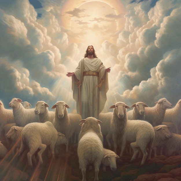 Gemälde von Jesus, der vor einer generativen Schafherde steht