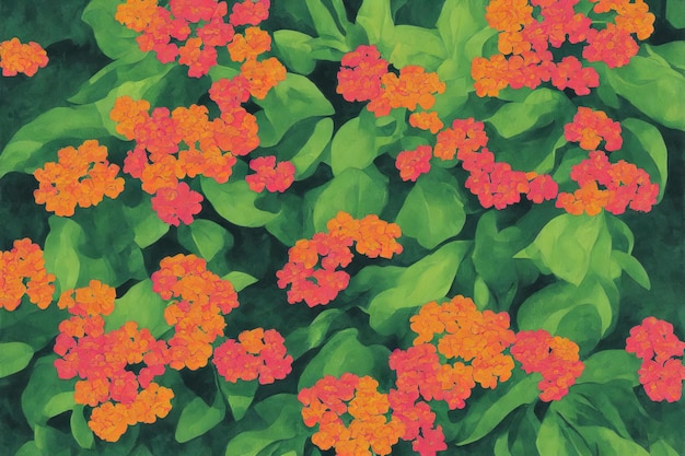 Gemälde von Lantana-Blumen mit grünen Blättern