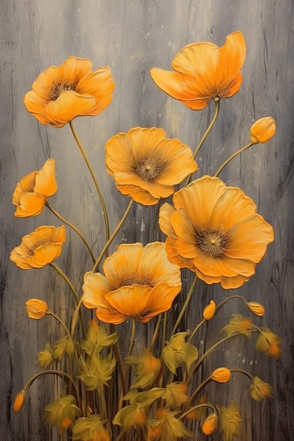 Gemälde von orangefarbenen Blumen gegen einen grauen Hintergrund generativ ai
