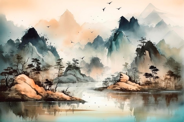 Gemälde von roten Bäumen und einem Fluss im Stil einer traditionellen chinesischen Landschaft