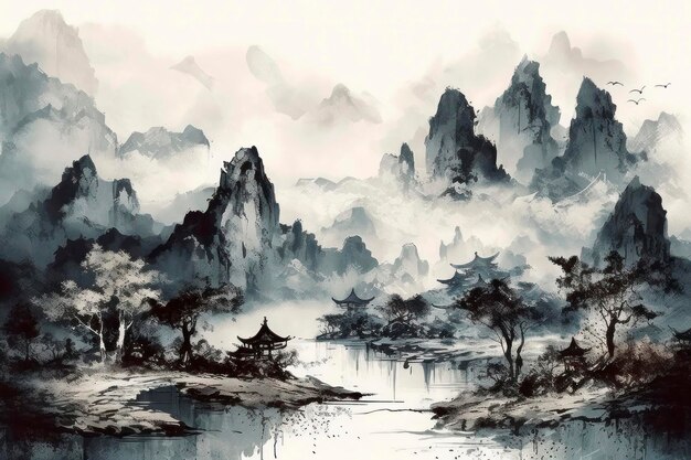 Gemälde von roten Bäumen und einem Fluss im Stil einer traditionellen chinesischen Landschaft