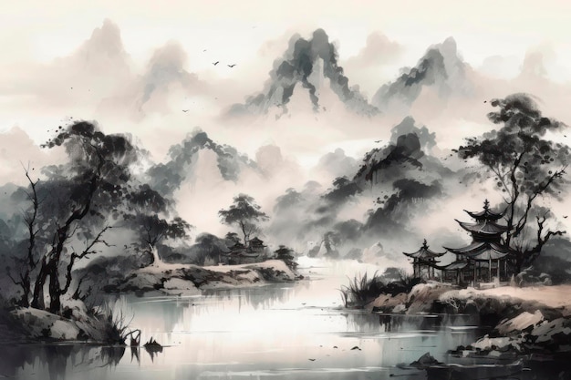 Gemälde von roten Bäumen und einem Fluss im Stil einer traditionellen chinesischen Landschaft