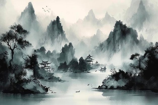 Gemälde von roten Bäumen und einem Fluss im Stil einer traditionellen chinesischen Landschaft