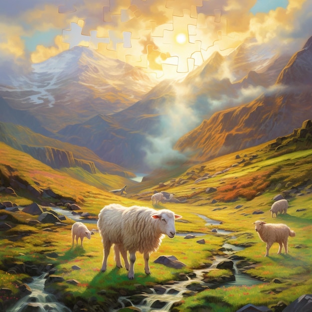 Gemälde von Schafen in einem Gebirgstal, durch das ein Bach fließt, generative KI
