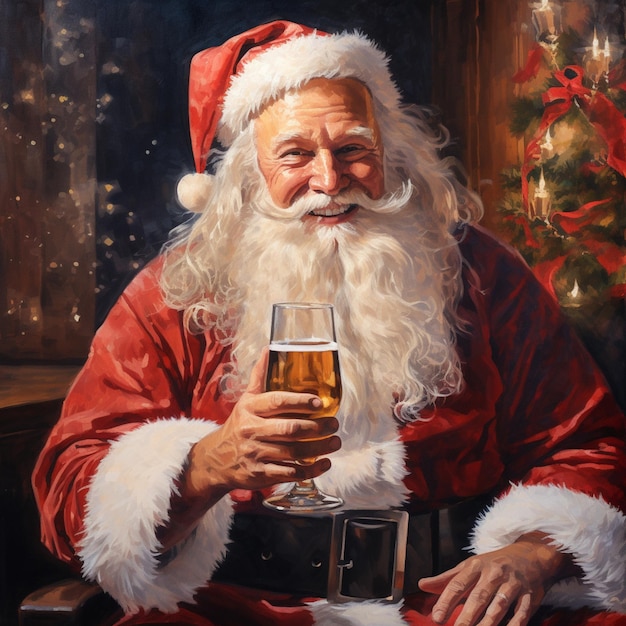 Foto gemälde von weihnachtsmann, der ein glas bier vor einem weihnachtenbaum hält