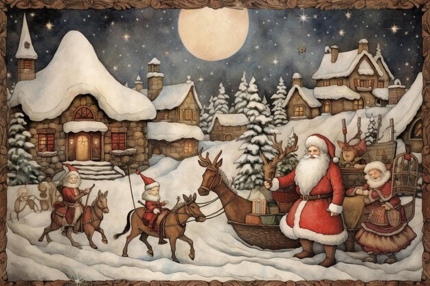 Gemälde von Weihnachtsmann und seinen Rentieren in einem schneebedeckten Dorf