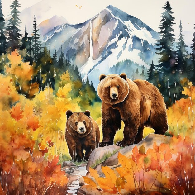Gemälde von zwei Bären auf einer Bergwiese mit einem Wasserfall