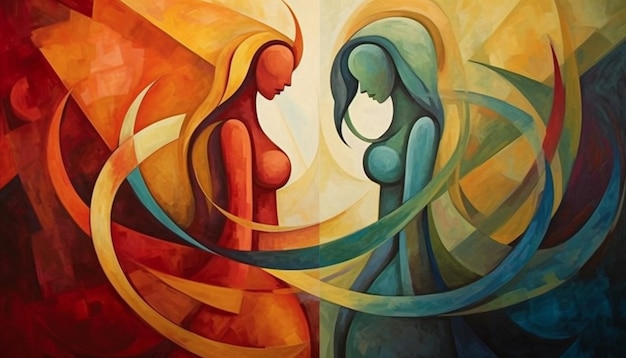 Gemälde von zwei Frauen, die sich mit farbenfrohen Linien gegenüber stehen.