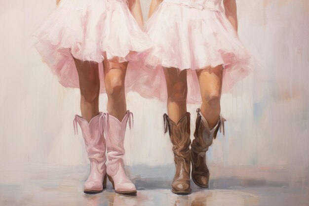Foto gemälde von zwei frauen in rosa kleidern und cowboy-stiefeln generativ ai
