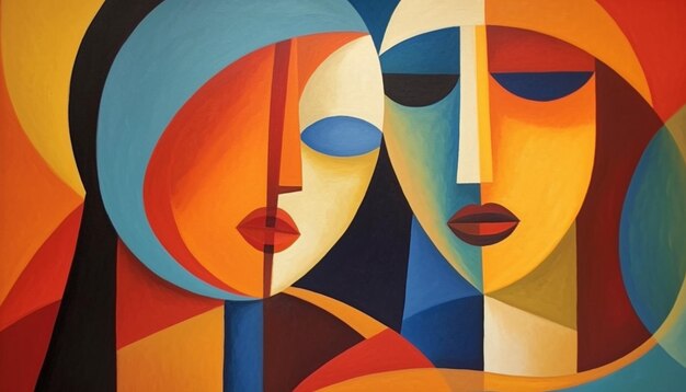 Gemälde von zwei Frauen mit unterschiedlich farbigen Gesichtern generativ ai