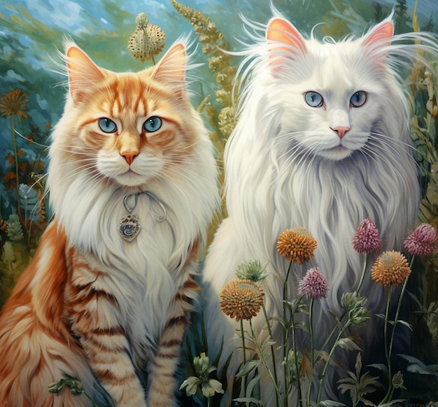 Gemälde von zwei Katzen, die auf einem Blumenfeld mit einem Himmel als Hintergrund sitzen.