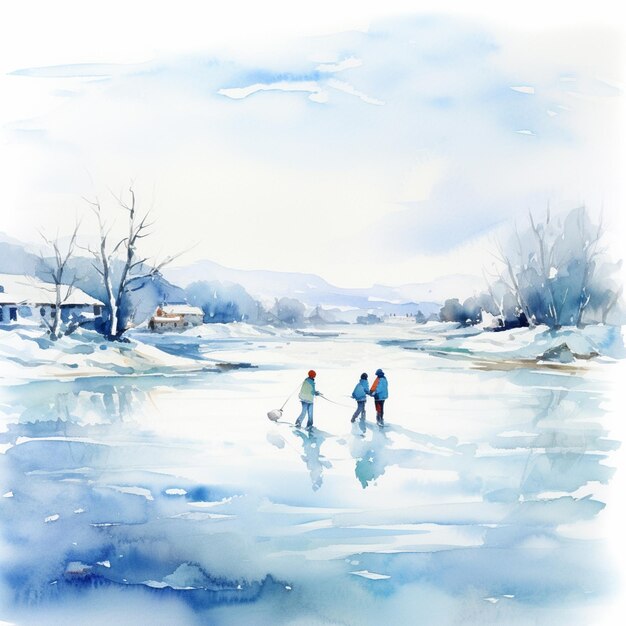 Gemälde von zwei Menschen, die mit einem Hund auf einem gefrorenen See schaitern
