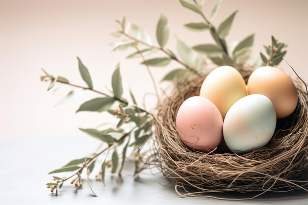 Gemalte Eier in einem Nest auf einem Hintergrund von Zweigen Dekoratives Nest mit Eiern auf einem hellen Frühlingshintergrund